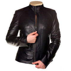 Maria's Black Leather Jacket With Front Zipper