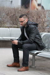 Dapper zip up leather jacket with hoodie