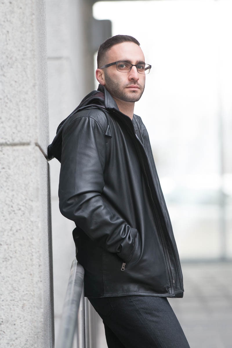 Dapper zip up leather jacket with hoodie