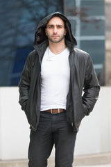Dapper zip up leather jacket with hoodie