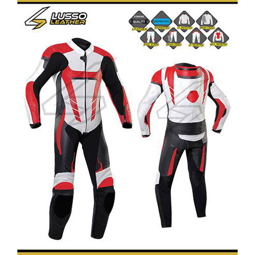 Bobbie's red, white and black motorcycle leather suit