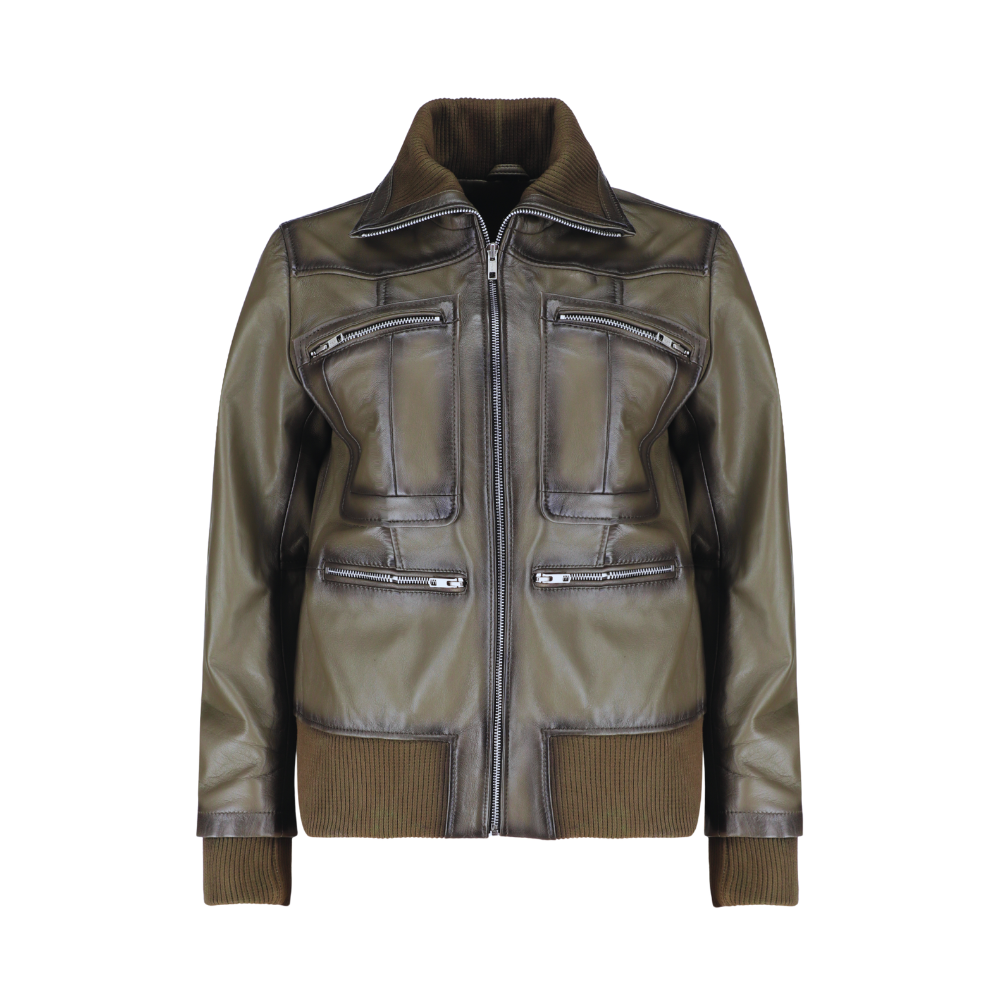 Mila olive green bomber leather jacket