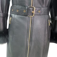 Freya Black Leather shearling coat with Fur Hood & Belt