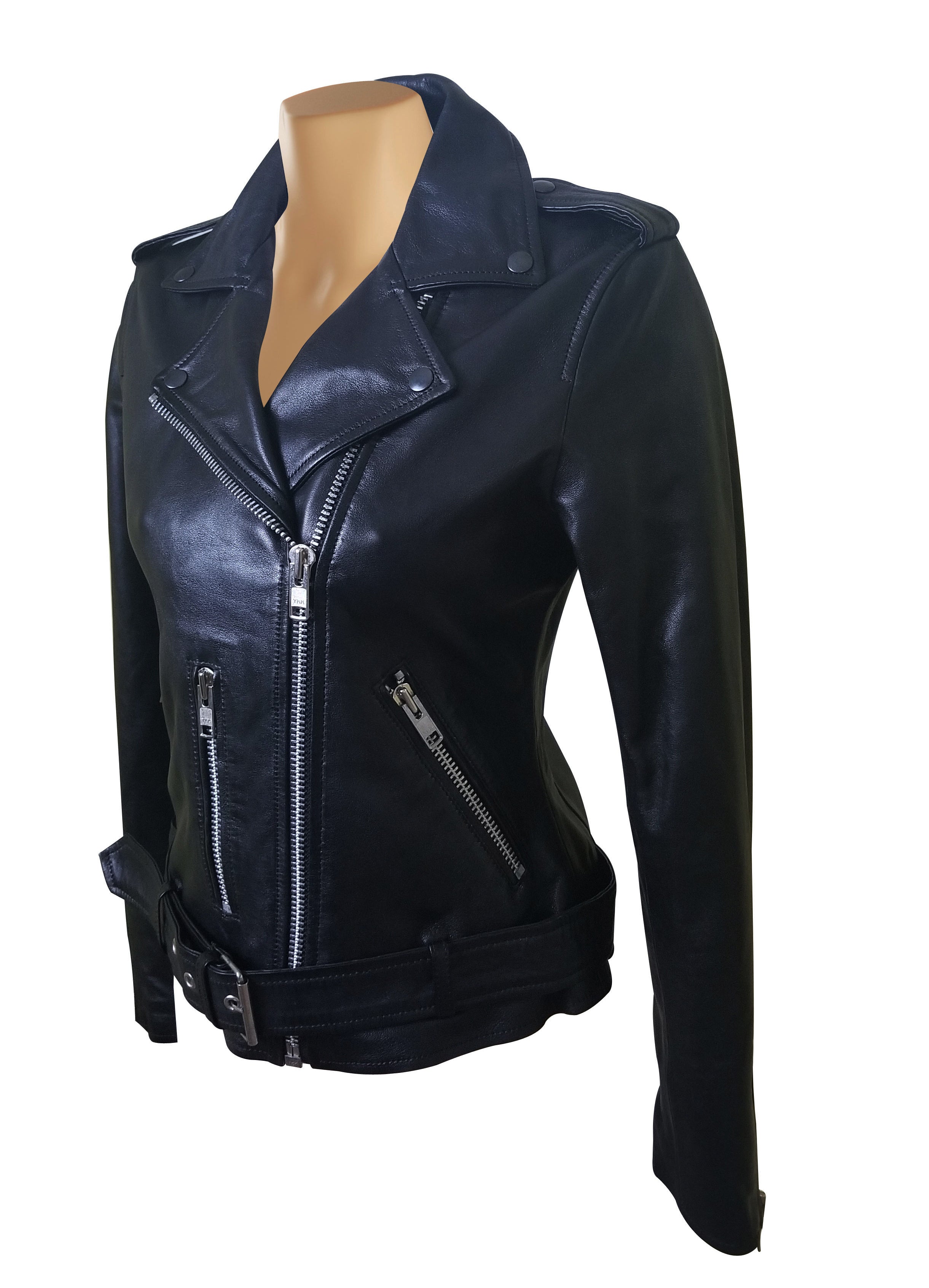 Arielle's Biker Style Black Leather Jacket With Waist Belt