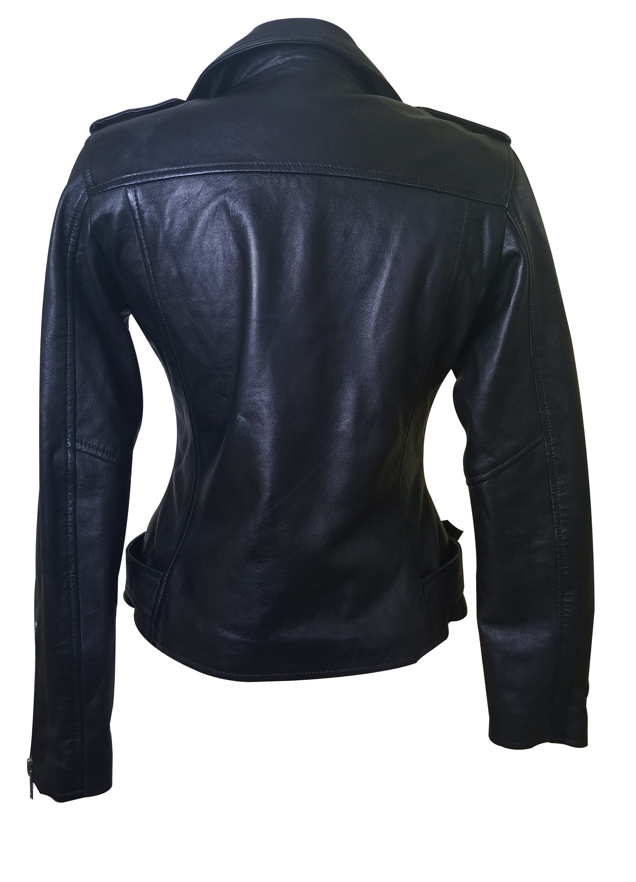 Arielle's Biker Style Black Leather Jacket With Waist Belt