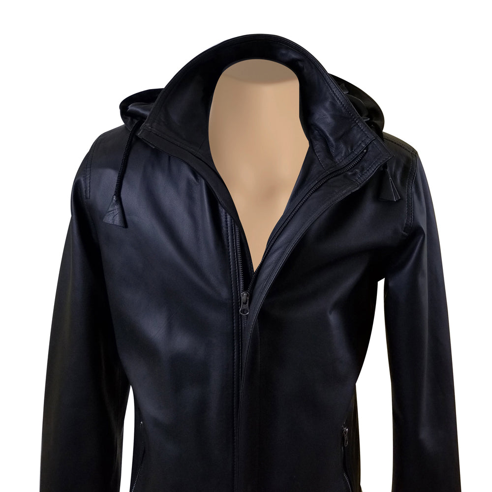 Dapper zip up leather jacket with hoodie