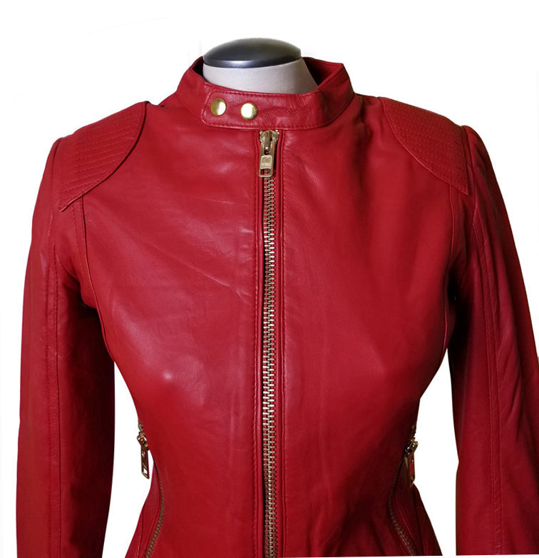 Kirby's Red Leather Jacket With Buttoned Collar