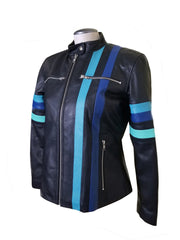 Kerri's Moto Style Leather Jacket With Blue Stripes
