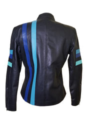Kerri's Moto Style Leather Jacket With Blue Stripes