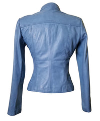 Erna Sky Blue Leather Jacket With Stretch Ribbing