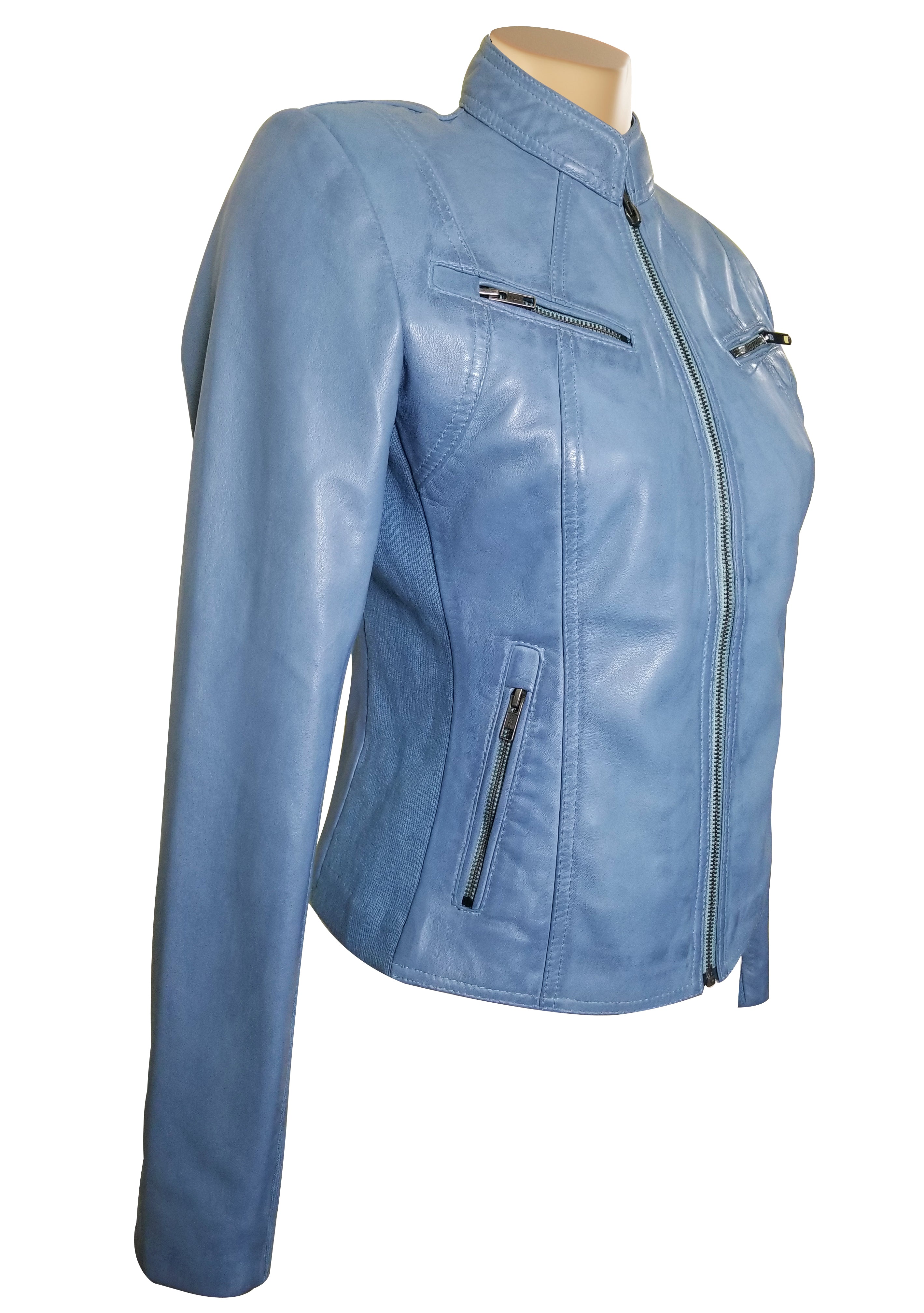 Erna Sky Blue Leather Jacket With Stretch Ribbing