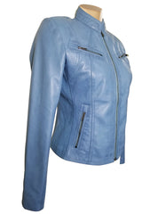 Erna Sky Blue Leather Jacket With Stretch Ribbing