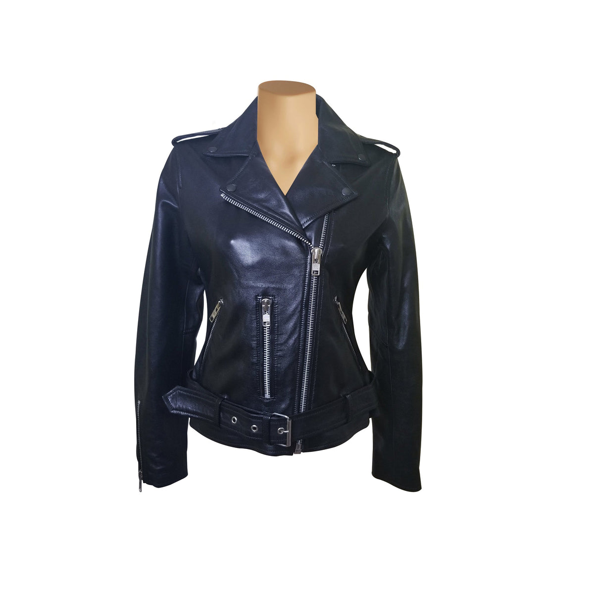 Arielle's Biker Style Black Leather Jacket With Waist Belt