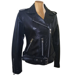 Arielle's Biker Style Black Leather Jacket With Waist Belt