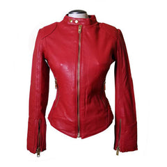 Kirby's Red Leather Jacket With Buttoned Collar