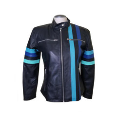 Kerri's Moto Style Leather Jacket With Blue Stripes
