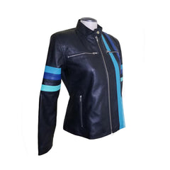 Kerri's Moto Style Leather Jacket With Blue Stripes