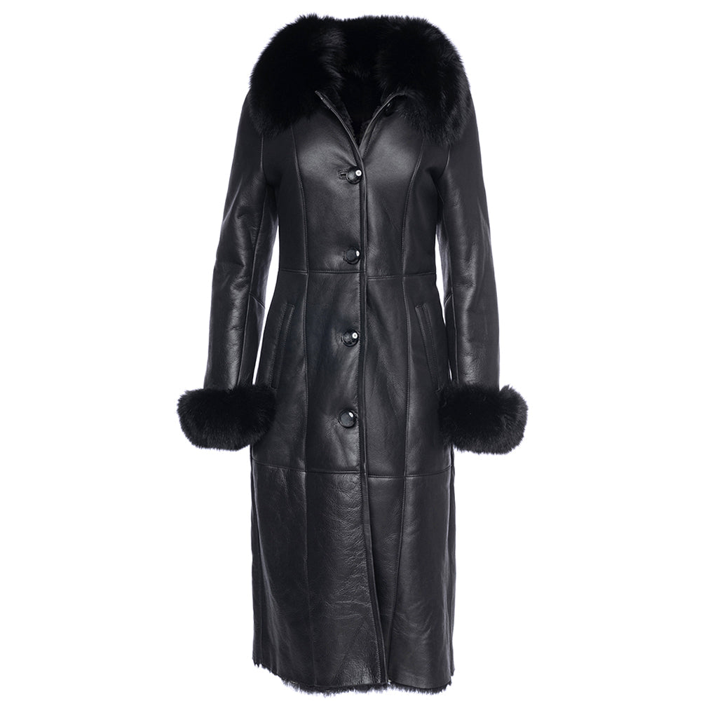 Caitlan's Black Shearling Sheepskin Full Length Long Coat With Fox Fur Trim
