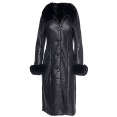 Caitlan's Black Shearling Sheepskin Full Length Long Coat With Fox Fur Trim