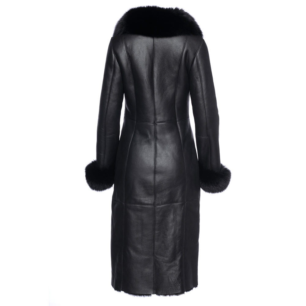 Caitlan's Black Shearling Sheepskin Full Length Long Coat With Fox Fur Trim