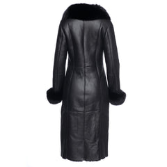 Caitlan's Black Shearling Sheepskin Full Length Long Coat With Fox Fur Trim