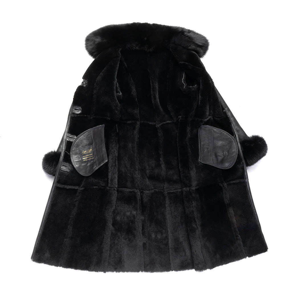 Caitlan's Black Shearling Sheepskin Full Length Long Coat With Fox Fur Trim