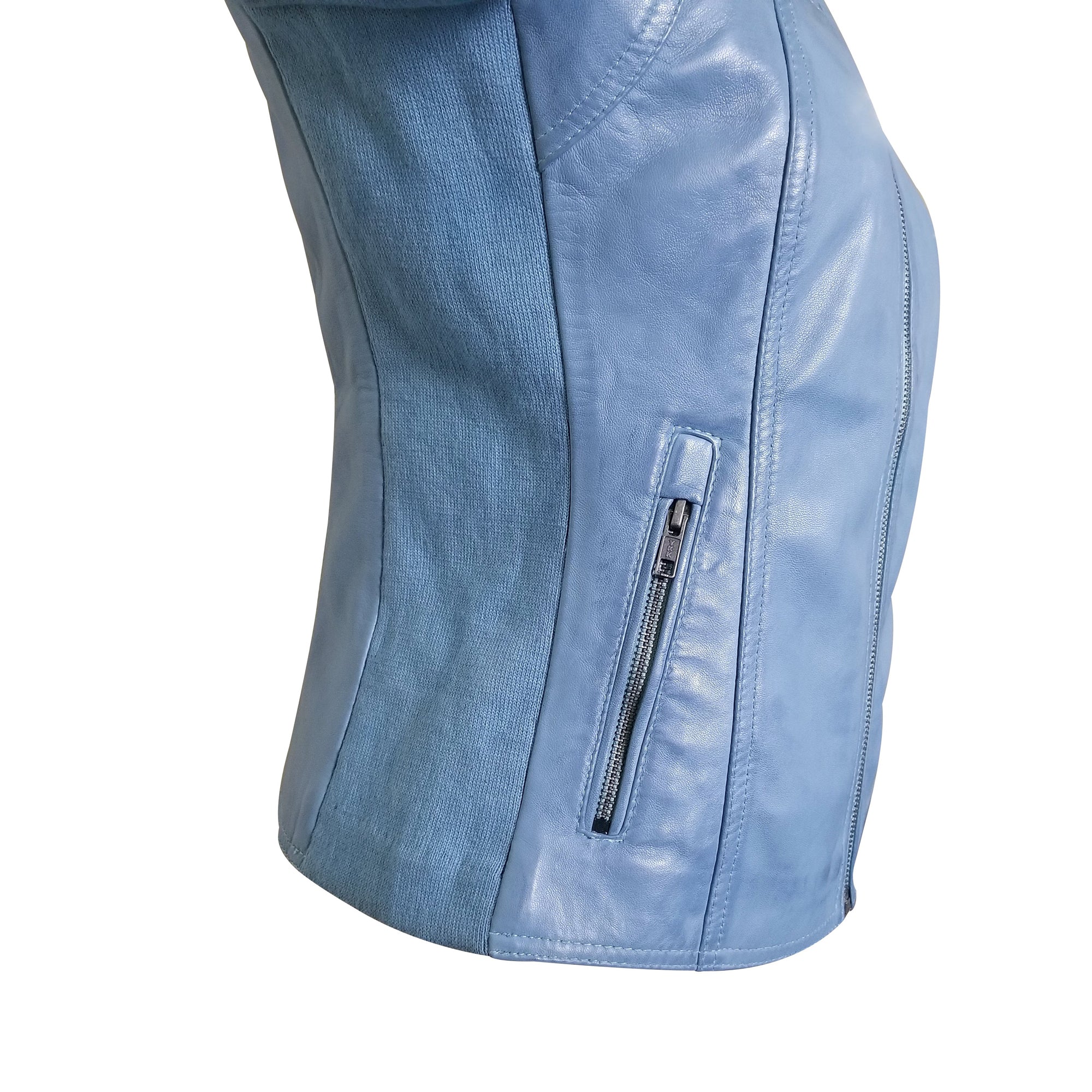 Erna Sky Blue Leather Jacket With Stretch Ribbing
