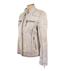 Burnished Ivory Leather Jacket With Band Collar
