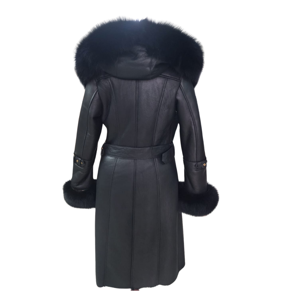 Freya Black Leather shearling coat with Fur Hood & Belt