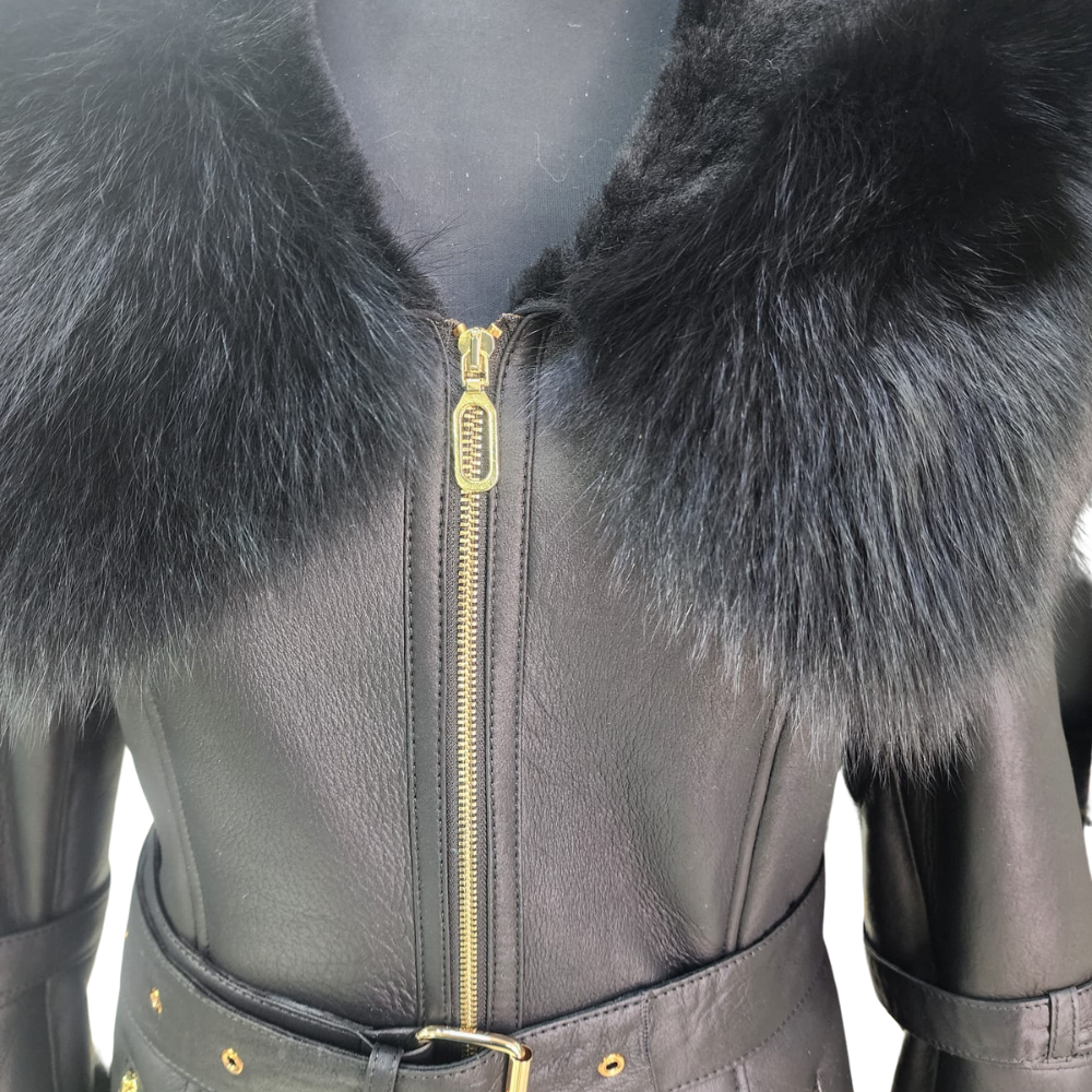 Freya Black Leather shearling coat with Fur Hood & Belt
