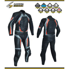 Calum's black, grey and red motorcycle leather suit