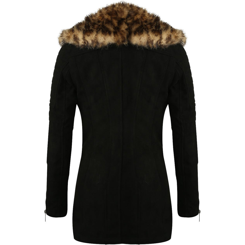 Kia Foleys Suede Leather Jacket With Leopard Print Fur Collar