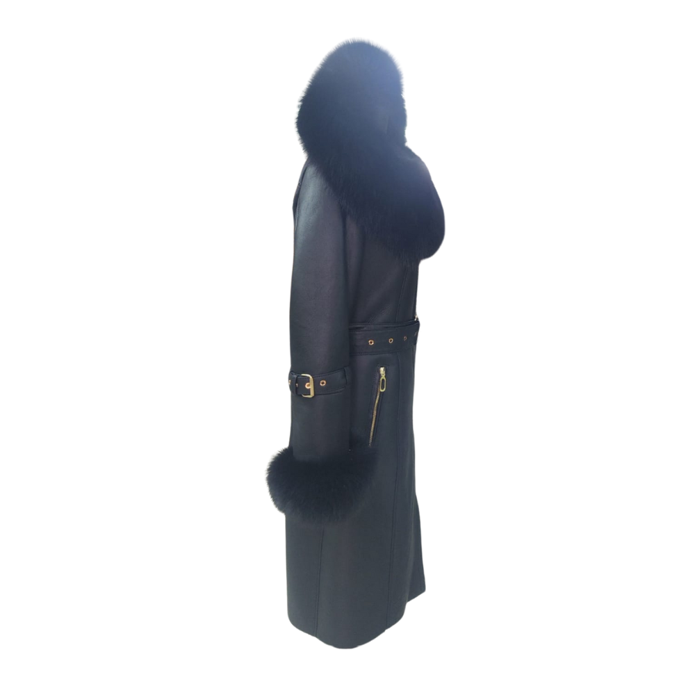 Freya Black Leather shearling coat with Fur Hood & Belt