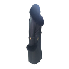Freya Black Leather shearling coat with Fur Hood & Belt