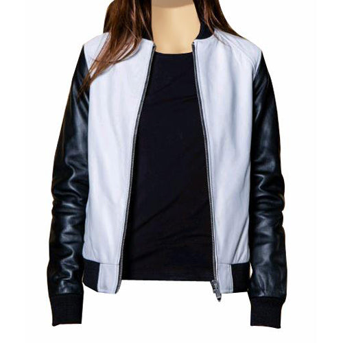Enya's Black and White Collarless Leather Jacket