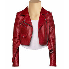 Martyna's Red Crop Biker Leather Jacket With Waist Belt