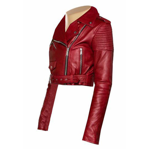 Martyna's Red Crop Biker Leather Jacket With Waist Belt