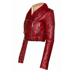 Martyna's Red Crop Biker Leather Jacket With Waist Belt