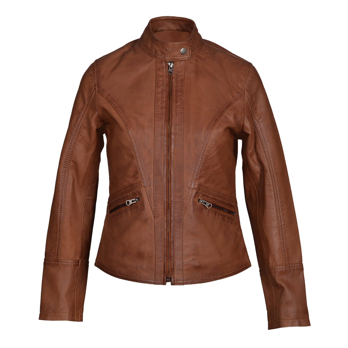 Dione's Moto Style Sand Washed Leather Jacket With Buttoned Collar