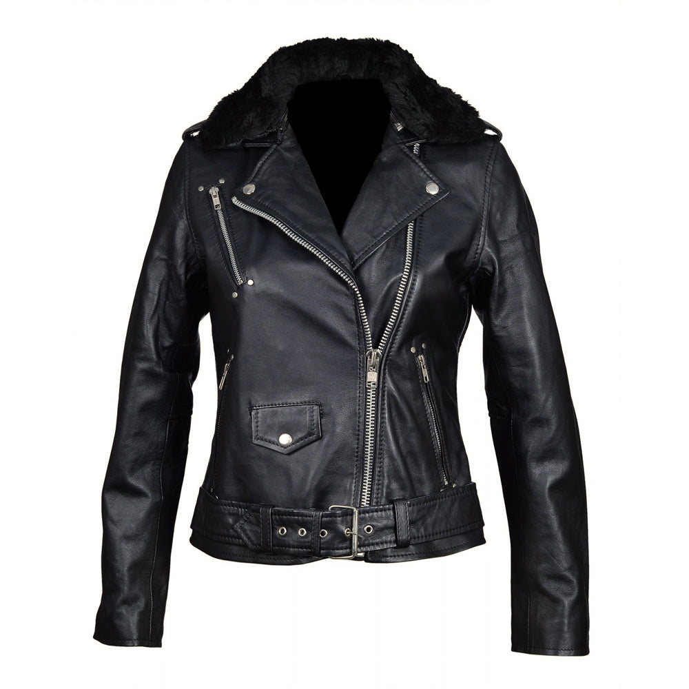 Eira's Biker Style Leather Jacket With Fur Collar