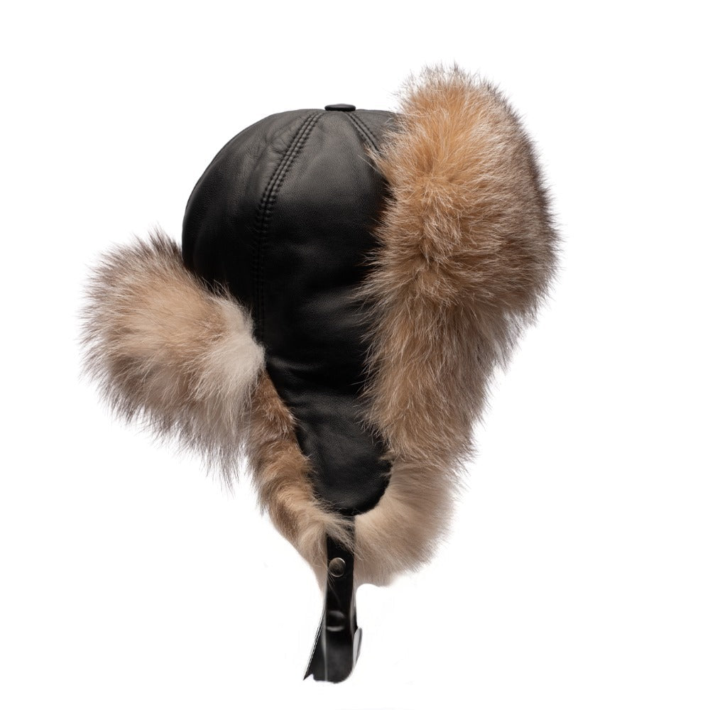 Fox fur and leather Aviator hat