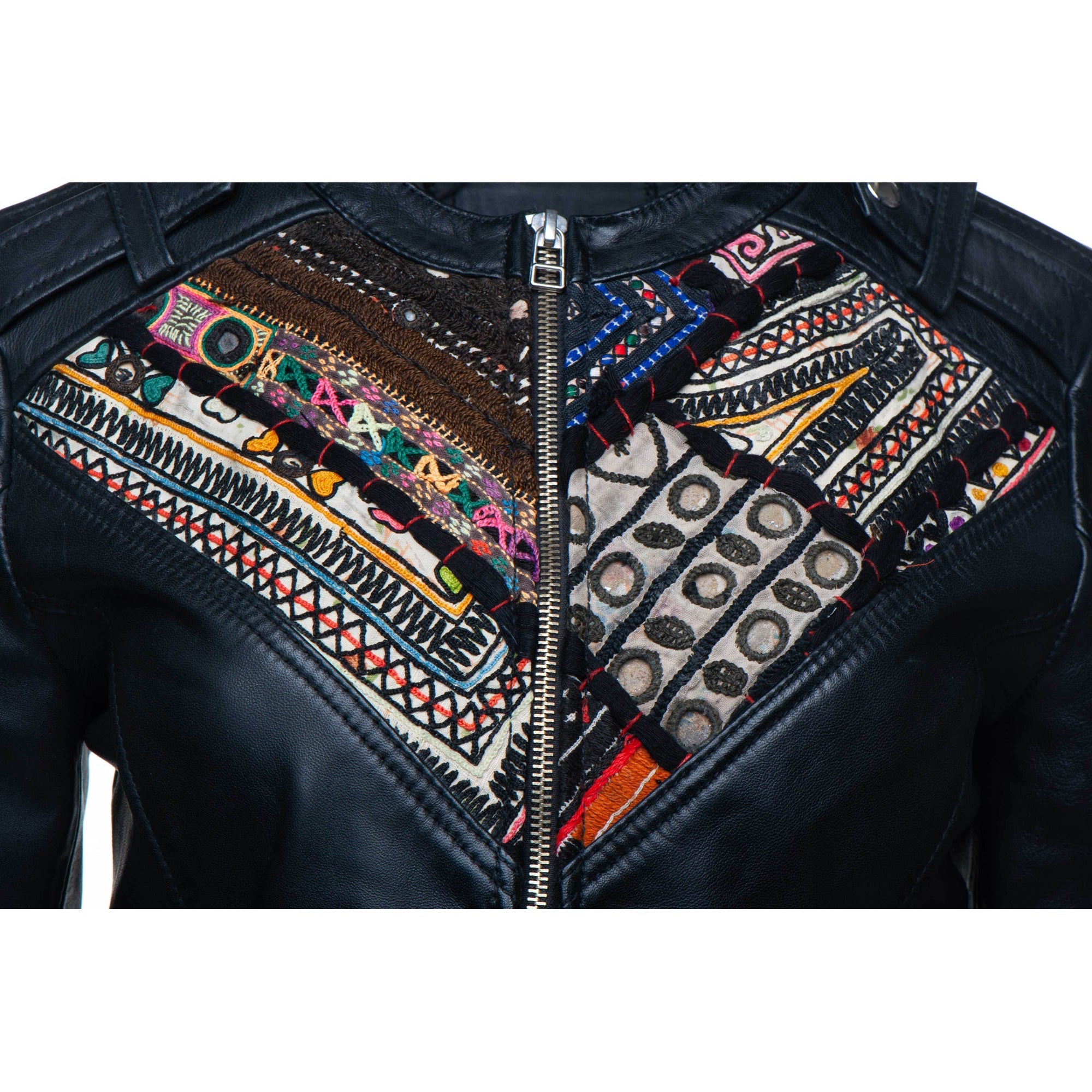Delilah's Bohemian Chic Leather Jacket With Tribal Hand Embroidered Fabric