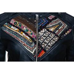 Delilah's Bohemian Chic Leather Jacket With Tribal Hand Embroidered Fabric
