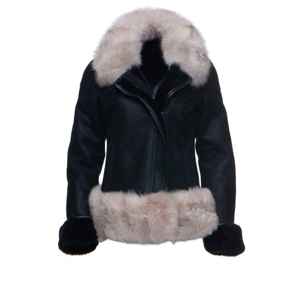 Cecily's Black Shearling Sheepskin With Fox Fur Trim
