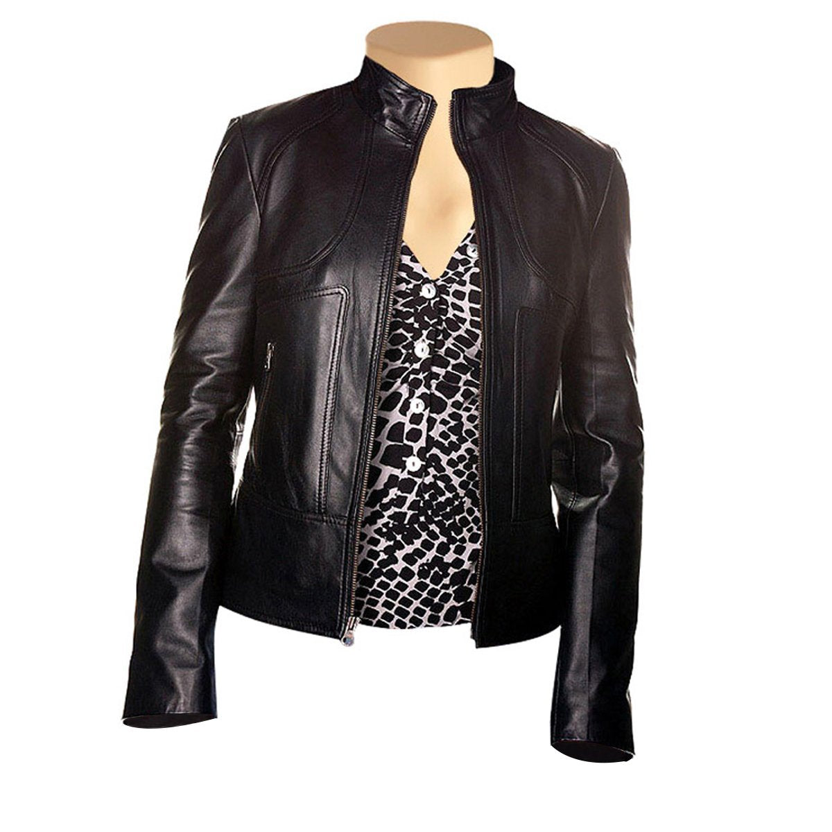 Maria's Black Leather Jacket With Front Zipper