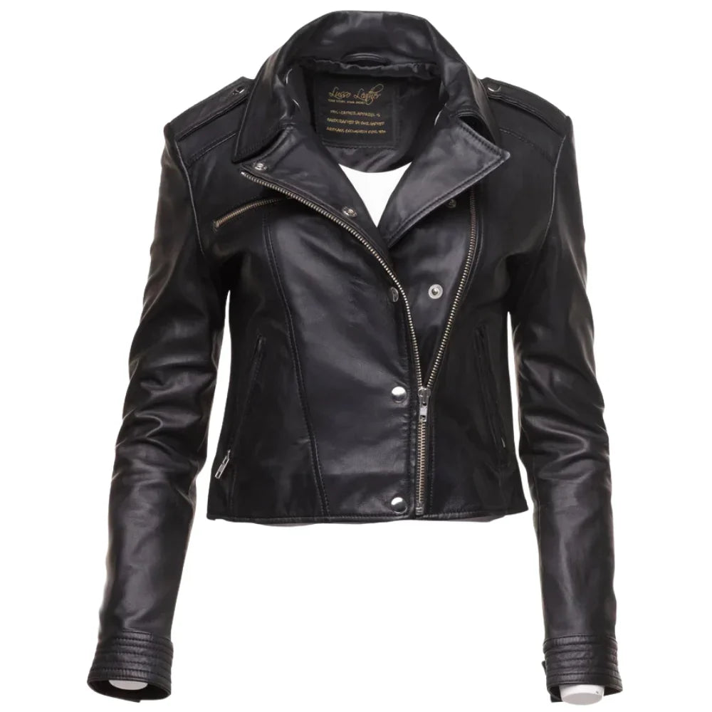 Aria Black Cropped Leather Jacket with Snap Button Closure