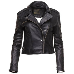 Aria Black Cropped Leather Jacket with Snap Button Closure