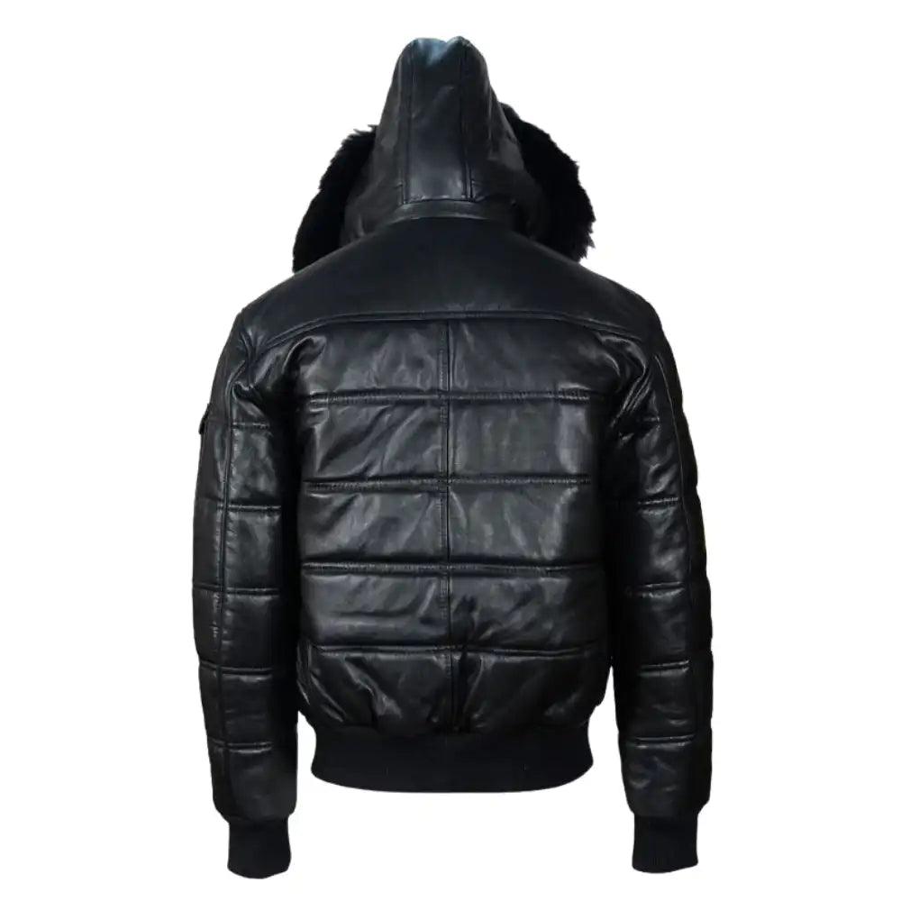 Ash Black Hooded Leather Puffer Jacket