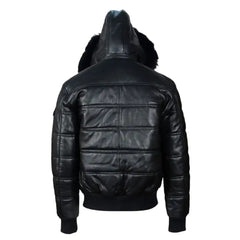 Ash Black Hooded Leather Puffer Jacket
