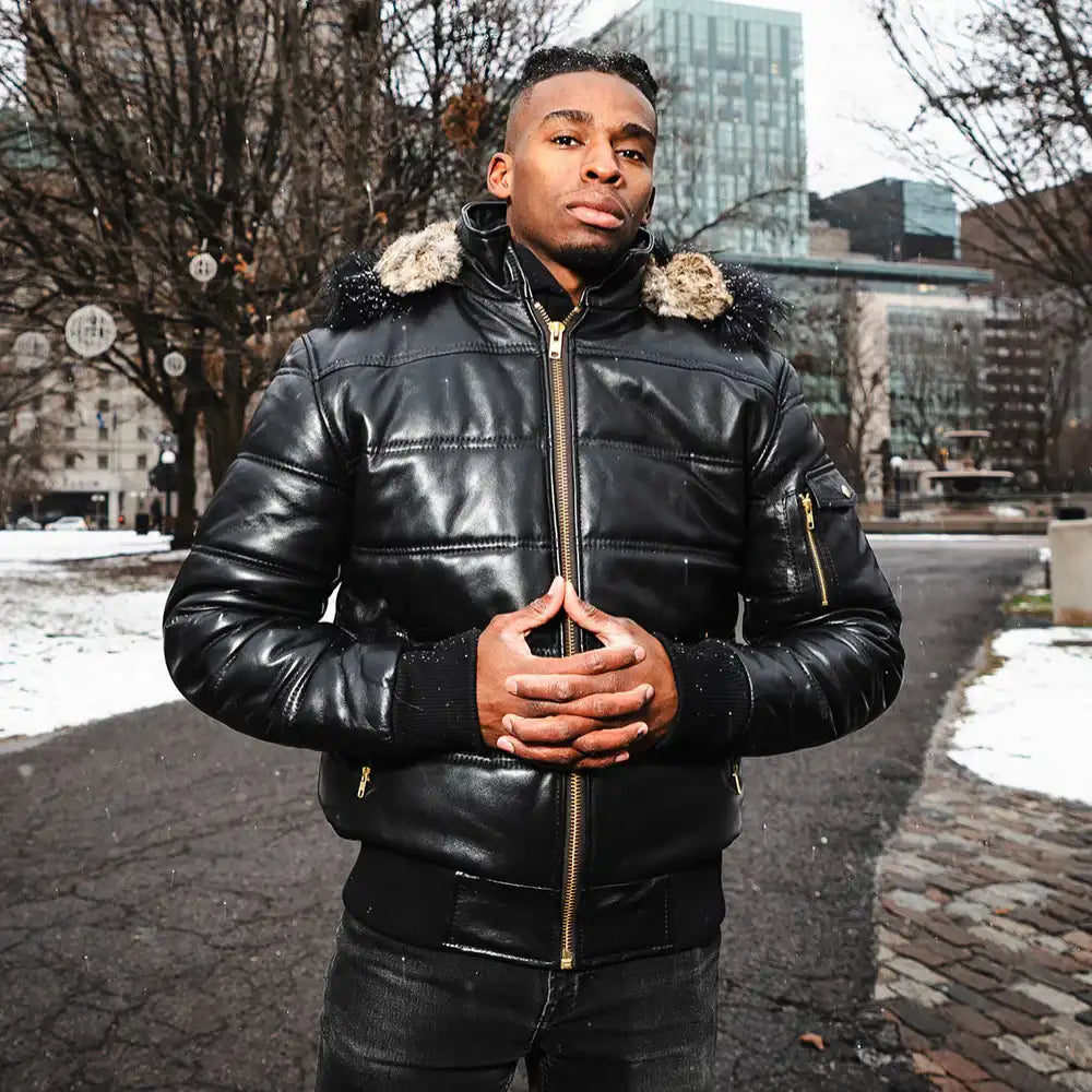Ash Black Hooded Leather Puffer Jacket